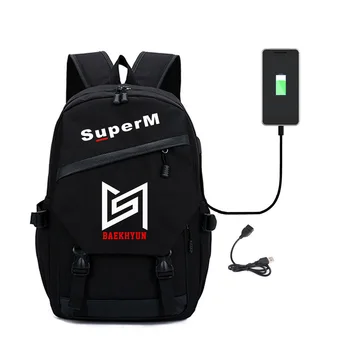 SuperM Kpop Super M Batoh Student Školy, Taška Notebook, Cestovní Tašky Dospívající Notebook Batohy S USB Nabíjecí Port Ženy