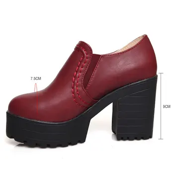 Fanyuan Nové módní jaro podzim PU kůže skluzu na vysoké podpatky 9cm ručně vyráběné boty pro ženy, vysoké podpatky náměstí pata Velikost 34-46