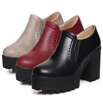 Fanyuan Nové módní jaro podzim PU kůže skluzu na vysoké podpatky 9cm ručně vyráběné boty pro ženy, vysoké podpatky náměstí pata Velikost 34-46