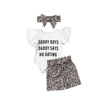 Batole Dítě Dívky Letní Oblečení Sady 3ks Dopis Volánky Krátký Rukáv Topy+Leopard Sukně+Čelenka, Oblečení Nastavit 0-24 měsíců