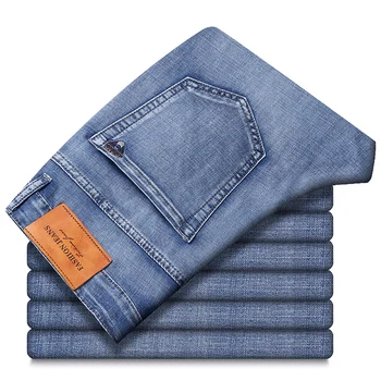 Letní pánské tenké džíny vysoce kvalitní stretch bavlny prodyšné pravidelné přímé volné džínové kalhoty, módní ležérní kalhoty pro mládež