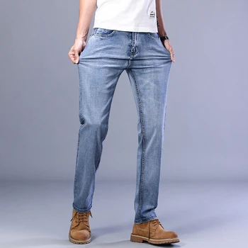 Letní pánské tenké džíny vysoce kvalitní stretch bavlny prodyšné pravidelné přímé volné džínové kalhoty, módní ležérní kalhoty pro mládež