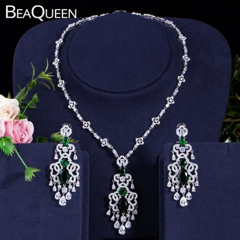 BeaQueen Zelený Krystal Mikro Vydláždit CZ Kámen Velké Visící Náušnice Náhrdelník Set pro Ženy, Svatební Šperky, Dárkové JS030