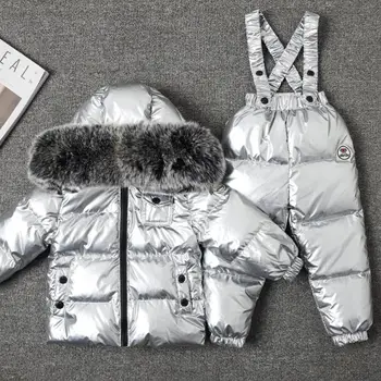 Nové ruské Zimy Děti Bundu Celkový Oblek velké pravé Kožešiny Límec Děti Lyžařský Oblek Chlapci Dívky Plus Teplá Bunda Silver ws876