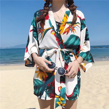 Japonské INY Styl Sunblocking Kimono Haori Yukata Roucho Ženy Cardigan Květinové Tisk Retro Tradičními Beach Kostým