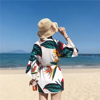 Japonské INY Styl Sunblocking Kimono Haori Yukata Roucho Ženy Cardigan Květinové Tisk Retro Tradičními Beach Kostým