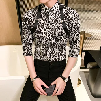 Britský Styl Muži Tričko Módní Streetwear Sexy Leopard Tisk Ležérní Pánské Košile Dlouhý Rukáv Slim Fit Halenka Pánské Oblečení 5XL-M