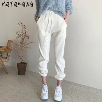 MATAKAWA Tenký Manšestr Rovné Kalhoty korejský Elegantní Basic s Vysokým pasem, Ženy Kalhoty Pohodlné Stahovací Ležérní Kalhoty Žen