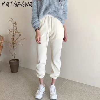 MATAKAWA Tenký Manšestr Rovné Kalhoty korejský Elegantní Basic s Vysokým pasem, Ženy Kalhoty Pohodlné Stahovací Ležérní Kalhoty Žen