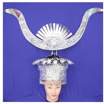 Stříbrné víčko phoenix koruna Cosplay pokrývky hlavy Etnické stříbrné šperky Miao národnost čelenka