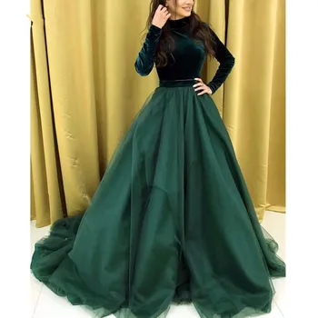 Smaragdově Zelené Sametové Muslimské Večerní Šaty Plné Rukáv Elegantní A-line Dlouhý Prom Šaty Formální Party Šaty 2020 Robe De Soirée