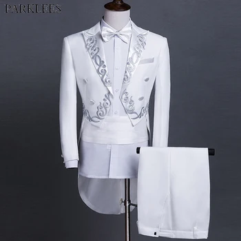 Bílý Frak Ženichy Muži Svatební Vyšívané Obleky 2 Ks Pánské Obleky s Kalhoty Ples Zpěváci Fázi Kostým Tuxedo Muži Oblek Set