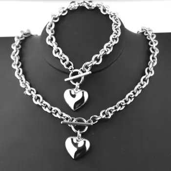 1 Sada Ženy, Řetěz Z Nerezové Oceli Srdce Přepnout Náramek Náhrdelník Šperky Set