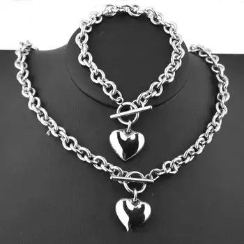1 Sada Ženy, Řetěz Z Nerezové Oceli Srdce Přepnout Náramek Náhrdelník Šperky Set