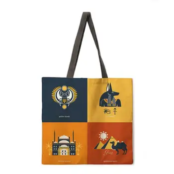 Egyptská nástěnná malba tisk tote tašky prádlo tkaniny casual tote taška skládací nákupní taška opakovaně plážové tašky dáma taška přes rameno