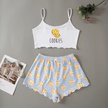 Oblečení na spaní Roztomilý soubory Cookie Tisku Pyžamo pro Ženy, Pyjama Set Sweet T Košile & Šortky Letní Pijama