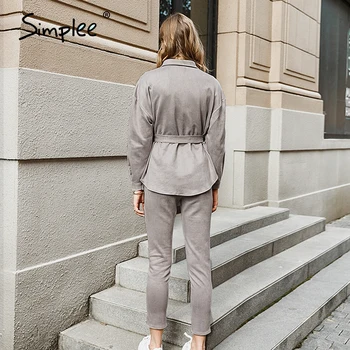 Simplee Neformální Obleky Solidní Světle šedé dámské Sety těsně přiléhající High street styl Podzim zima office dámy, ženy obleky 2020