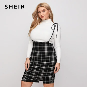 SHEIN Plus Velikost Uzel Popruh Split Lem Kostkovaná Celkově Šaty Ženy Letní Šaty Plus Elegantní Slim Fit Tužka Krátké Šaty