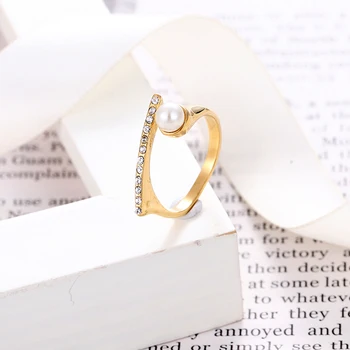 BORASI Nový Pearl Crystal Prsteny Pro Ženy CZ Módní Prsteny Šperky z Nerezové Oceli, Zlatá Barva Módní Zásnubní Večírek Dárek Kroužky