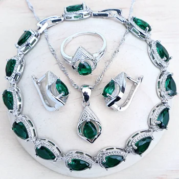 Ženy Móda Stříbro 925 Šperky Svatební Sety Svatební Bižuterie Zelené Zirkony Náramky Náušnice Prsteny Přívěsek Náhrdelník