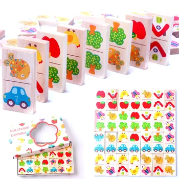 28pcs Dřevěné Domino Ovoce, Zvířat, Rozpoznat Bloky Domino Hry Puzzle Montessori Děti Učení Vzdělávací Puzzle Baby Hračky