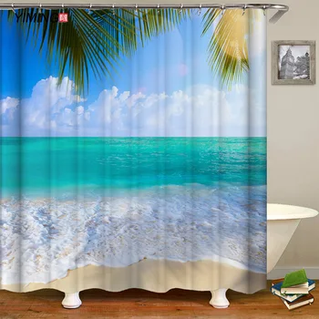 Pláž pláž 3D přímořské scenérie tisk koupelnový závěs polyester vodotěsné domácí dekorace závěs s háčkem