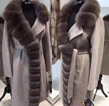 Přizpůsobte si X-long Real Fox Kožešiny Límec Vlněný Kabát Pro Ženy Zimní Kabáty 2020 Žena Pravé Kožešiny Kabát S Pásem