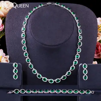 BeaQueen Exkluzivní Bižuterie Luxusní Zelené Zirkony Náhrdelník Náušnice Náramky Strana Šperky Set pro Ženy JS273