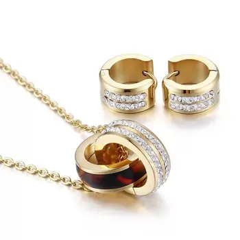 Hot Prodej Korean Verze Dvojitý Kruh z Nerezové Oceli Šperky Sady CZ Přívěsek Náhrdelník S Náušnice Dámské Šperky Sady