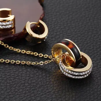Hot Prodej Korean Verze Dvojitý Kruh z Nerezové Oceli Šperky Sady CZ Přívěsek Náhrdelník S Náušnice Dámské Šperky Sady