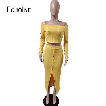 Echoine Ženy Podzim Zimní Pletené Tlačítko Sestřih Set Off Rameno Crop Topy Maxi Midi Sukně Streetwear Dvoudílné Set Outfit