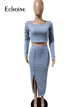 Echoine Ženy Podzim Zimní Pletené Tlačítko Sestřih Set Off Rameno Crop Topy Maxi Midi Sukně Streetwear Dvoudílné Set Outfit