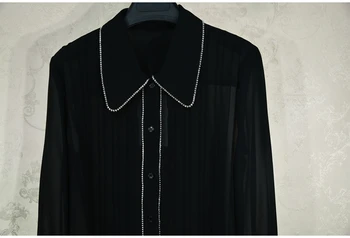 Značkové Luxusní Košile pro Ženy Zase Dolů Límec Diamond Skládaný Šifon Černé Tričko