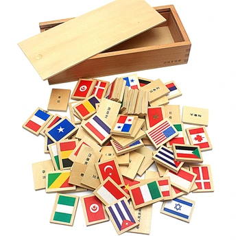 2019 Nové Příjezdu Montessori Dřevěné Domino Bloky 80ks Vlajky Domino s Dřevěnou Krabici Hraček pro Děti Předškolního Dárek pro Kluky Holka