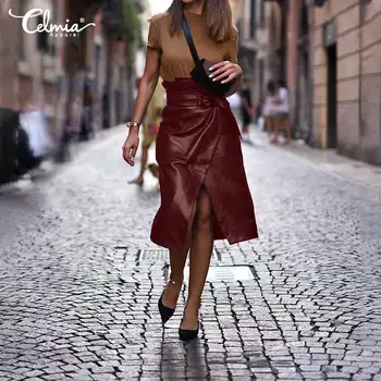 Ženy Vysokým Pasem PU Kůže Sukně Celmia 2021 Štěrbina Módní Elegantní OL Páskem Casual Slim Office Sukně Vintage Sukně Plus Velikosti