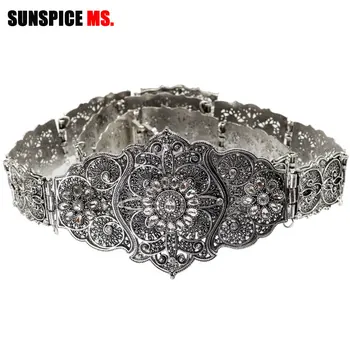 SUNSPICE-MS Vintage Svatební Pás Květinové Křídla Pro Ženy Starožitné Stříbrné Barvy Nastavitelná Délka Kaftan Drahokamu Svatební Šperky
