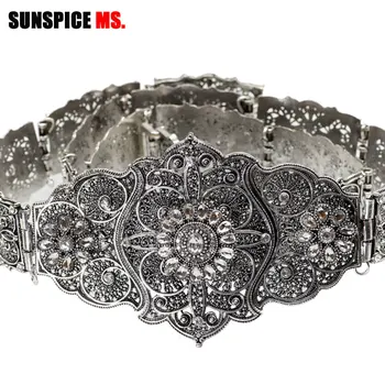 SUNSPICE-MS Vintage Svatební Pás Květinové Křídla Pro Ženy Starožitné Stříbrné Barvy Nastavitelná Délka Kaftan Drahokamu Svatební Šperky