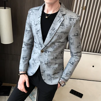 Více Barevné Slim Fit Blazer Masculino 2020 Značky Geometrické Postava Tištěné Muži Sako Módní Formální Jedno Tlačítko Vyhovuje