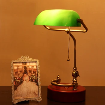 Klasické čínské retro zelená stolní lampa s pull řetězce přepnout skleněné stínidlo dřeva podvozku Kovový držák, psací stůl světlo pro ložnice