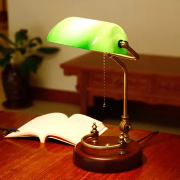 Klasické čínské retro zelená stolní lampa s pull řetězce přepnout skleněné stínidlo dřeva podvozku Kovový držák, psací stůl světlo pro ložnice