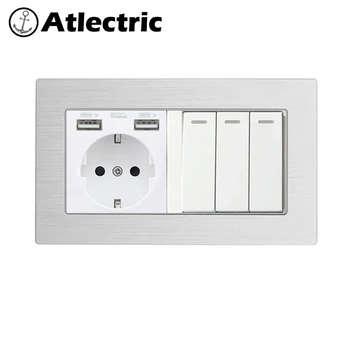 Atlectric DE EU RU Konektor Napájení Zásuvka USB Port 1 2 3 4 Gang Lampa Světlo Spínač Tlačítko Dvojité Zásuvky Kovové Zásuvky 146 mm*86mm