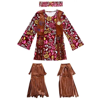 Děti Dívky Halloween 60s 70s Vintage Hippie Třásně, Květinové Šaty Kostým Dítě Indické Nativní Hippy Zábavné Oblečení Pro Dítě, Batole