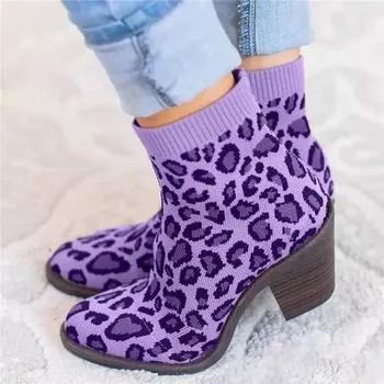 Dámské Kotníkové boty Pletené Leopardí Žena, Ponožky, Boty Móda Podzim Žena Blok Robustní Podpatky Pohodlné Dámské Botas Mujer