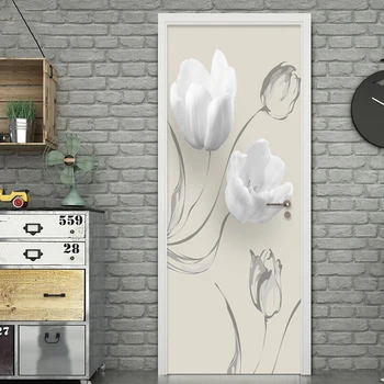 DIY Samolepicí Vodotěsné Dveře Nálepka Bílé Květiny Nástěnné Tapety 3D Moderní Obývací Pokoj Ložnice Samolepky Home Decor