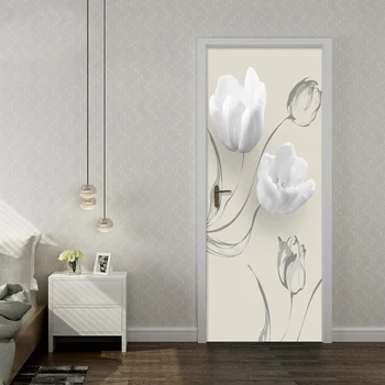 DIY Samolepicí Vodotěsné Dveře Nálepka Bílé Květiny Nástěnné Tapety 3D Moderní Obývací Pokoj Ložnice Samolepky Home Decor