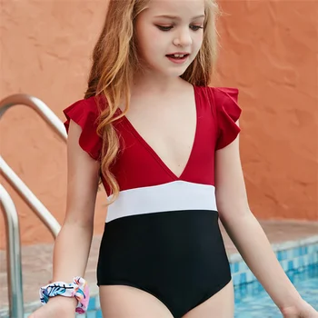 Holky Bikiny 2021 Děti Dívky Bikiny Děti jednodílné plavky bez Rukávů V Krku Plavky s Volánky pro Letní Plážové oblečení