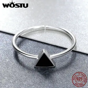 WOSTU Real 925 Sterling Silver Černý Trojúhelník Otevřené Prsteny Pro Ženy, Muže Cool Geometrické Jemné Šperky Nastavitelný Prsten DZR158