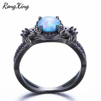RongXing Modrý Fire Opál Hvězdičkový Květinové Prsteny Pro Ženy, Vintage Módní Černé Zlato Naplněné Fialové Zirkony Prsten Svatební Šperky RB1349