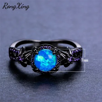 RongXing Modrý Fire Opál Hvězdičkový Květinové Prsteny Pro Ženy, Vintage Módní Černé Zlato Naplněné Fialové Zirkony Prsten Svatební Šperky RB1349