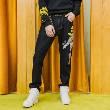 Japonský Čínský styl Pánské módní dragon výšivky džíny Muž džíny slim denim kalhoty černé dlouhé kalhoty